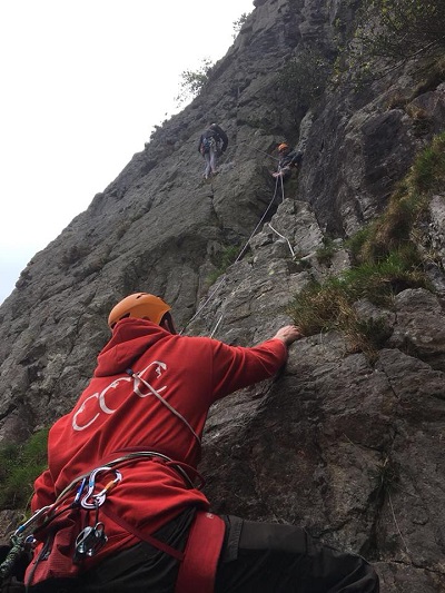 Members climbing Crackstone Rib, Severe 4a, on a trip to North Wales.