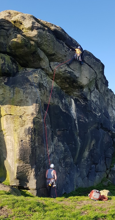 Mike leading South Wall Traverse, VS 4c, on a spring trip to Almscliff, Yorkshire.
